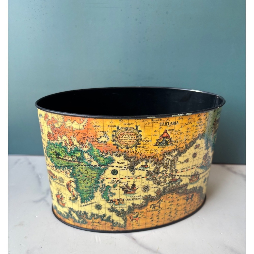 Vintage World Map Metal Desk Caddy Organizer Storage Nautical Decor Japan Oval